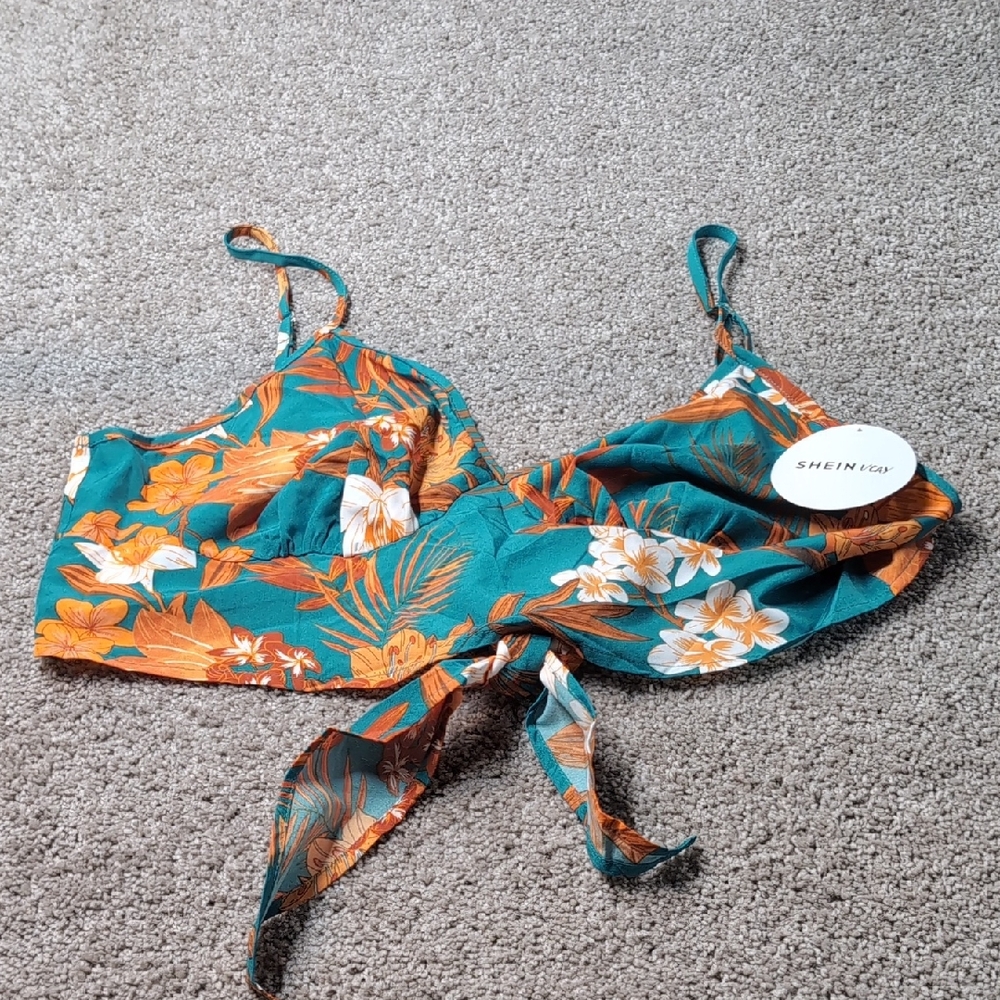 SHEIN Teal and Orange Floral Top‎ Short Sleeve Summer Blouse